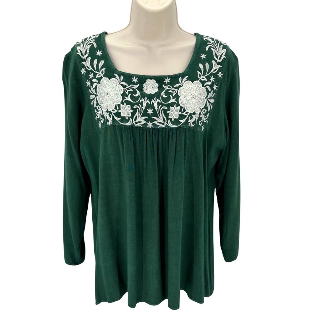 Just Cruising Womens Boho Green White Embroidery Square Neck Blouse Free Size